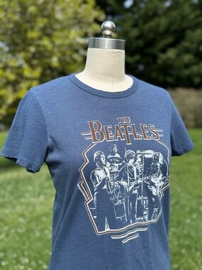 The Beatles JUNK FOOD Graphic Crewneck T-Shirt - Blue Aged Soft Band Tee Sz L